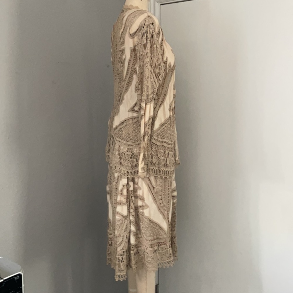 Boho Crochet Lace Duster Cardigan Kimono Neutral Beige Festival Layering Piece - Picture 4 of 11